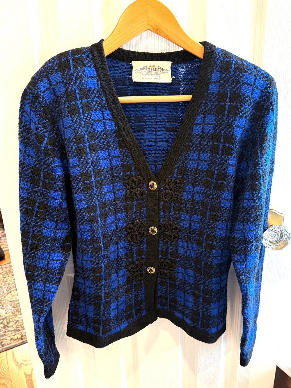 Vintage Wool Susan Bristol Blue & Black Plaid Knit Cardigan Sweater